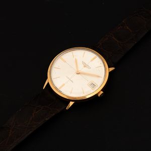 LONGINES : Orologio classico in oro giallo 18k automatico con datario, quadrante Argent� con indici applicati, 34 mm  - Asta Watches - Associazione Nazionale - Case d'Asta italiane