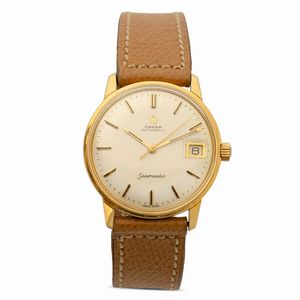 OMEGA - Seamaster in oro giallo 18k con movimento automatico e fondo a vite, indicazione della data, quadrante argent� con indici applicati, 34 mm