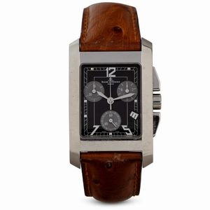 Baume & Mercier - Cronografo rettangolare in acciaio al quarzo, tre contatori, quadrante nero e datario a ore 4, 34x28 mm