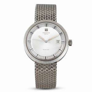 TISSOT : Seastar in acciaio con bracciale integrato carica manuale, quadrante argent� con indicazione della data, 37 mm  - Asta Watches - Associazione Nazionale - Case d'Asta italiane