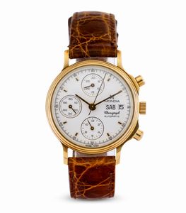 MONDIA : Cronografo in oro giallo 18k carica automatica con indicazione di giorno e data, quadrante bianco smaltato con indici applicati, 35 mm  - Asta Watches - Associazione Nazionale - Case d'Asta italiane