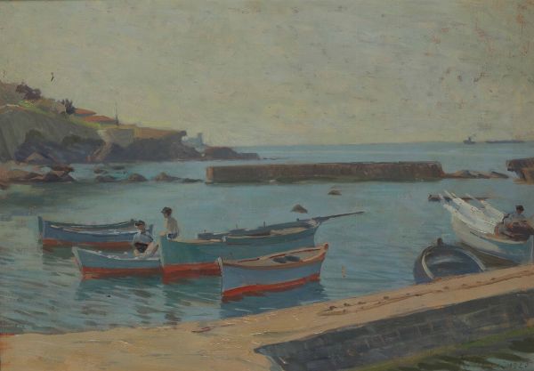 FOCARDI RUGGERO : Spiaggia con barche, 1920  - Asta Dipinti del XIX e XX secolo - Associazione Nazionale - Case d'Asta italiane