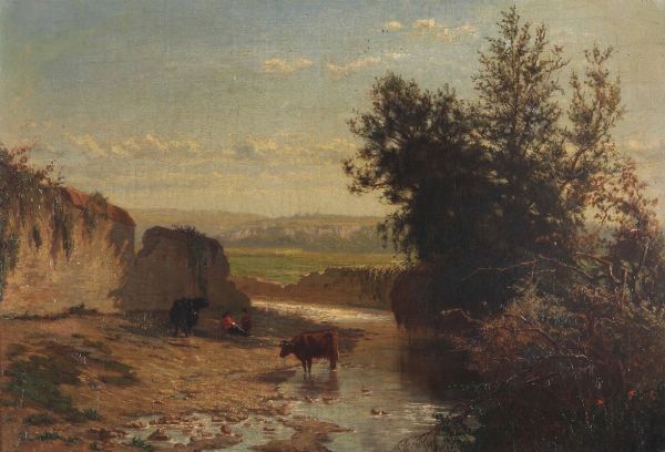 Paesaggio fluviale con mucche e pastore  - Asta Dipinti del XIX e XX secolo - Associazione Nazionale - Case d'Asta italiane