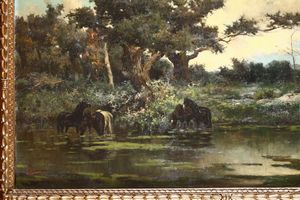 Capuano Francesco : Paesaggio con cavalli  - Asta Dipinti del XIX e XX secolo - Associazione Nazionale - Case d'Asta italiane