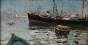 CIANI CESARE : Barche nel porto di Livorno  - Asta Dipinti del XIX e XX secolo - Associazione Nazionale - Case d'Asta italiane
