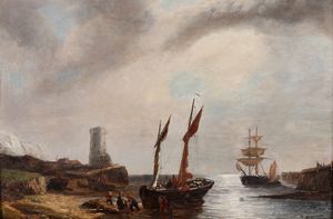 Huysmann Albertus Hendrikus - Veduta costiera con barche e pescatori