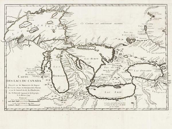 JACQUES NICOLAS BELLIN : Carte des Lacs du Canada. Dressee sur les Manuscrits du Depost des Cartes, Plans et Journaux de la Marine et sur le Journal du RP. De Charlevoix.  - Asta Arte Antica [Parte I] - Associazione Nazionale - Case d'Asta italiane
