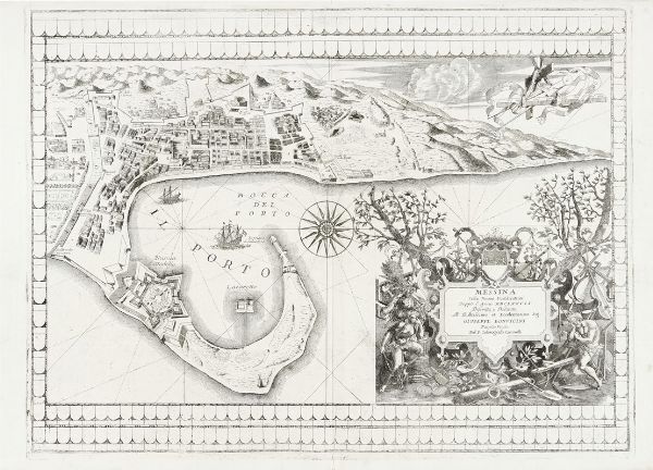 Vincenzo Maria Coronelli : Messina Colle Nuove Fortificationi Doppo l'anno MDCLXXVII Descritta e Dedicata All' Illustrissimo et Eccellentissimo Sig. Giuseppe Bonvicini Patritio Vineto Dal P. Cosmografo Coronelli.  - Asta Arte Antica [Parte I] - Associazione Nazionale - Case d'Asta italiane