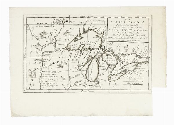 Vincenzo Maria Coronelli : La Louisiana, Parte Settentrionalle, Scoperta sotta la Protettione di Luigi XIV, R di Francia, etc. Descritta, e Dedicata dal P. Cosmografo Coronelli, All' illustriss; et Eccellentiss: S. Zaccaria Bernardi, fu' dell Ecc.S. Francesco.  - Asta Arte Antica [Parte I] - Associazione Nazionale - Case d'Asta italiane