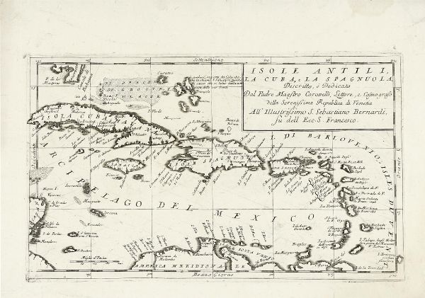 Vincenzo Maria Coronelli : Isole Antili, la Cuba, e la Spagnuola, Descritte, e Dedicate dal Padre Maestro Coronelli, Lettore, e Cosmografo della Serenissima Repubblica di Venetia All'Illustriss S. Sebastiano Bernardi, f dell Ecc.S. Francesco.  - Asta Arte Antica [Parte I] - Associazione Nazionale - Case d'Asta italiane