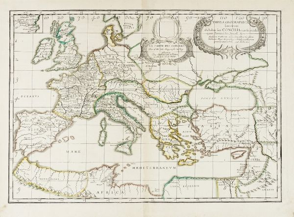 PIERRE DUVAL : La carte des conciles / Tabula geographica locorum ubi habita sunt Concilia tam Generalis quam Provincialia, Synodi, etc La carte des conciles... / authore P. du Val... ; Somer, sculp. Apud authorem (Lutetiae Parisiorum), 1660.  - Asta Arte Antica [Parte I] - Associazione Nazionale - Case d'Asta italiane