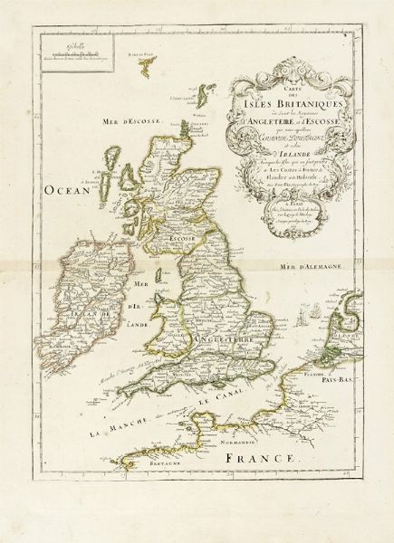 PIERRE DUVAL : Carte des Isles Britaniques o sont les Royaumes d'Angleterre, et d'Escosse, que nous appellons Grande Bretagne et celui d'Irlande avecque les isles qui en sont proche, et les costes de France, de Flandre et de Holande.  - Asta Arte Antica [Parte I] - Associazione Nazionale - Case d'Asta italiane