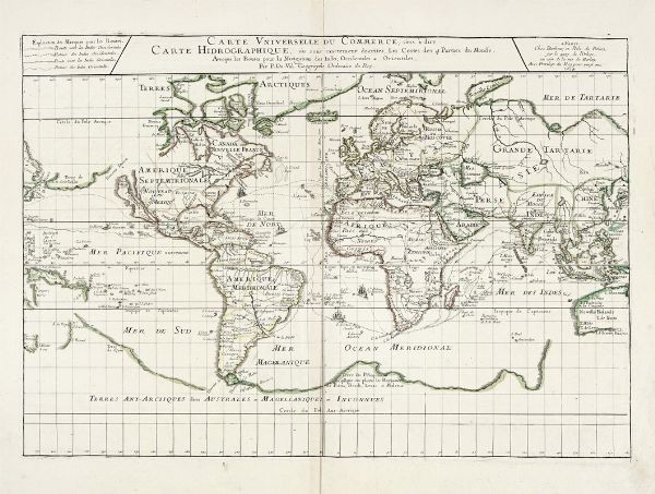 PIERRE DUVAL : Carte universelle du commerce, c'est--dire carte hidrographique o sont exactement dcrites Les Costes des 4 Parties du Monde, Avecque les Routes pour la Navigation des Indes, Occidentales et Orientales.  - Asta Arte Antica [Parte I] - Associazione Nazionale - Case d'Asta italiane