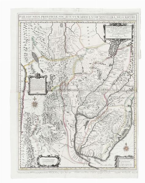 GIOVANNI PETROSCHI : Paraquariae provinciae Soc. Iesu cum adjacentib. novissima descriptio Post iteratas per egrinationes & plures observationes Patrum Missionariorum ejusdem Soc. tum hujus Provinciae cum & Peruanae accuratissime delineata & emendata Ann.1732.  - Asta Arte Antica [Parte I] - Associazione Nazionale - Case d'Asta italiane