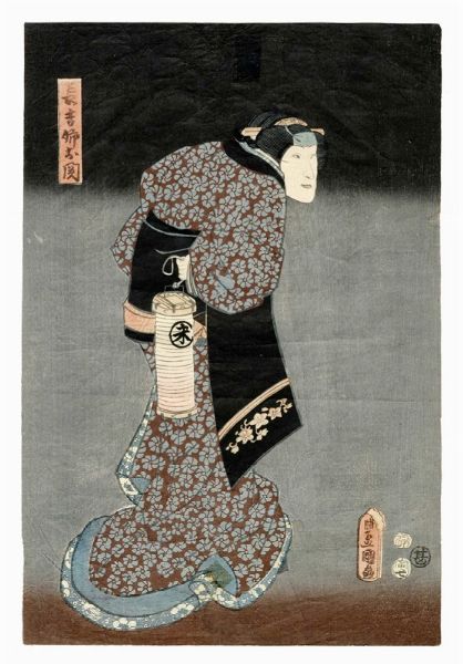 UTAGAWA KUNISADA I (TOYOKUNI III) : Nakamura Tomijuro II nel ruolo di Oseki, sorella maggiore di Chokichi.  - Asta Arte Antica [Parte I] - Associazione Nazionale - Case d'Asta italiane