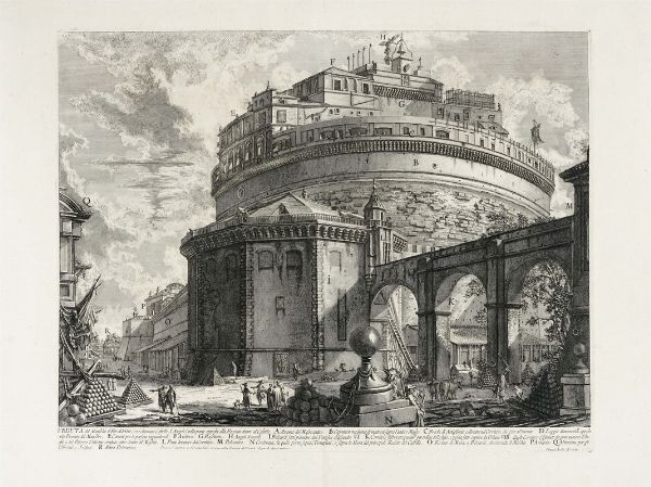 GIOVANNI BATTISTA PIRANESI : Veduta del Mausoleo d'Elio Adriano (ora chiamato Castello S. Angelo) nella parte opposta alla Facciata dentro al Castello.  - Asta Arte Antica [Parte I] - Associazione Nazionale - Case d'Asta italiane