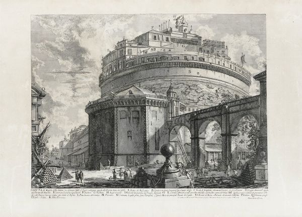GIOVANNI BATTISTA PIRANESI : Veduta del Mausoleo d'Elio Adriano (ora chiamato Castello S. Angelo) nella parte opposta alla Facciata dentro al Castello.  - Asta Arte Antica [Parte I] - Associazione Nazionale - Case d'Asta italiane