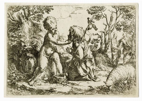 GUIDO RENI : Ges Bambino e San Giovannino in un paesaggio con Maria e Giuseppe sullo sfondo.  - Asta Arte Antica [Parte I] - Associazione Nazionale - Case d'Asta italiane