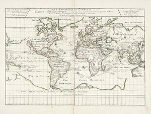 PIERRE DUVAL - Carte universelle du commerce, c'est--dire carte hidrographique o sont exactement dcrites Les Costes des 4 Parties du Monde, Avecque les Routes pour la Navigation des Indes, Occidentales et Orientales.