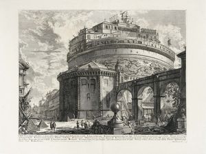 GIOVANNI BATTISTA PIRANESI - Veduta del Mausoleo d'Elio Adriano (ora chiamato Castello S. Angelo) nella parte opposta alla Facciata dentro al Castello.