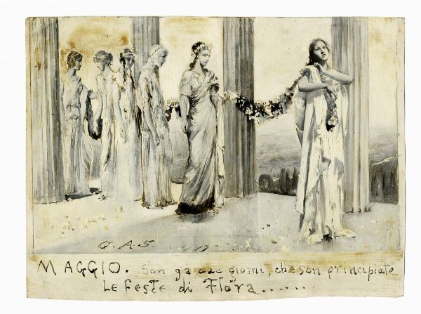Giulio Aristide Sartorio : Raccolta di disegni originali per Le feste romane di Ruggero Bonghi illustrate da Giulio Aristide Sartorio e Ugo Fleres. Milano, Hoepli, 1891.  - Asta Arte Moderna e Contemporanea [Parte II] - Associazione Nazionale - Case d'Asta italiane