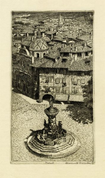 BENVENUTO DISERTORI : Trento. Nella piazza del Duomo la fontana del Nettuno.  - Asta Arte Moderna e Contemporanea [Parte II] - Associazione Nazionale - Case d'Asta italiane