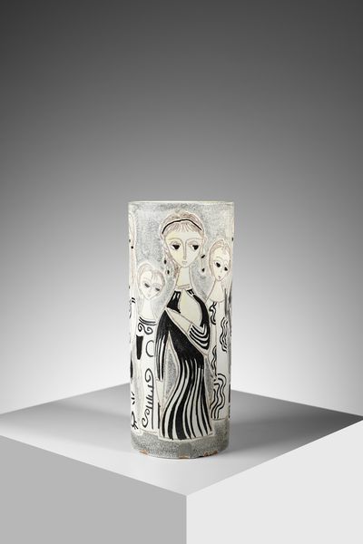 FANTONI MARCELLO (1915 - 2011) : Vaso cilindrico decorato con figure femminili  - Asta Asta 451 | DESIGN E ARTI DECORATIVE DEL NOVECENTO - CERAMICHE e VETRI Online - Associazione Nazionale - Case d'Asta italiane