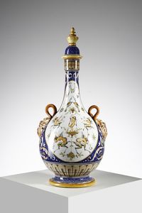 FANCIULLACCI CERAMICHE - Fiasca decorata con figure mitologiche e anse a mascheroni, Montelupo Fiorentino