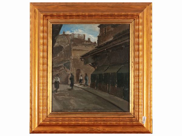 Scuola toscana della metà del XX secolo : Scorcio di Ponte Vecchio, opera attribuibile a Luigi Michelacci  - Asta La casa moderna  - Associazione Nazionale - Case d'Asta italiane