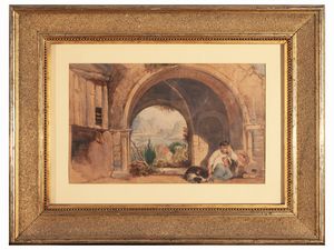 Scuola italiana del XIX/XX secolo - Fanciullo e cane seduti insieme con scorcio di paesaggio