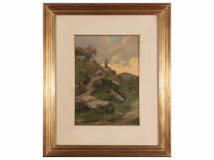 Scuola italiana - Pastorella su sentiero di montagna con pecore