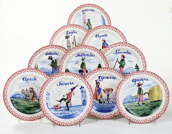 Dieci piatti dei mesi.<BR>Vicenza, Manifattura Serbellin, ultimo ventennio del XIX secolo.<BR>  - Asta Maioliche e Porcellane da Collezione - Associazione Nazionale - Case d'Asta italiane