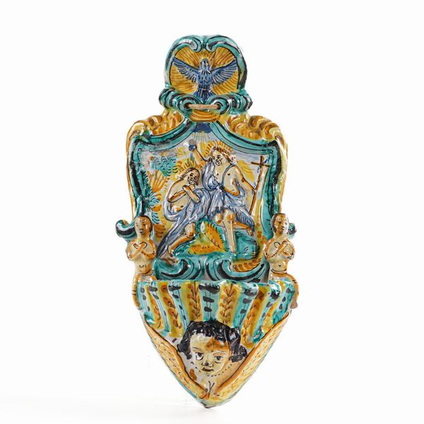 Acquasantiera.<BR>Fabbrica napoletana, XVIII o XIX secolo.  - Asta Maioliche e Porcellane da Collezione - Associazione Nazionale - Case d'Asta italiane