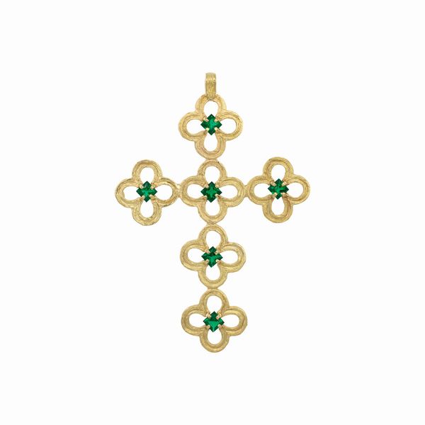 Pendente Croce in oro giallo 18kt e granati verdi  - Asta Gioielli e Orologi - Associazione Nazionale - Case d'Asta italiane