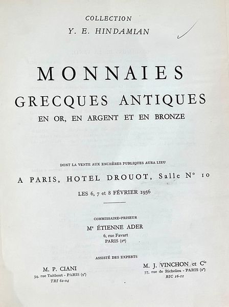 VINCHON J. Collections Y.E. HINDAMIAN. Monnaies Grecques Antiques.  - Asta Numismatica - Associazione Nazionale - Case d'Asta italiane