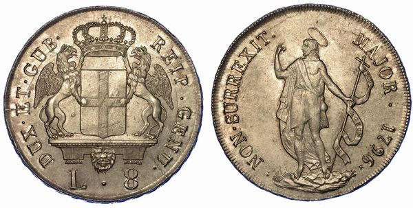 GENOVA. DOGI BIENNALI, 1528-1797. SERIE DELLA III FASE, 1637-1797. 8 Lire 1796.  - Asta Numismatica - Associazione Nazionale - Case d'Asta italiane