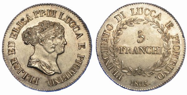 LUCCA. ELISA BONAPARTE E FELICE BACIOCCHI, 1805-1814. 5 Franchi 1805.  - Asta Numismatica - Associazione Nazionale - Case d'Asta italiane