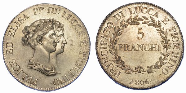 LUCCA. ELISA BONAPARTE E FELICE BACIOCCHI, 1805-1814. 5 Franchi 1806.  - Asta Numismatica - Associazione Nazionale - Case d'Asta italiane