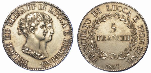 LUCCA. ELISA BONAPARTE E FELICE BACIOCCHI, 1805-1814. 5 Franchi 1807.  - Asta Numismatica - Associazione Nazionale - Case d'Asta italiane