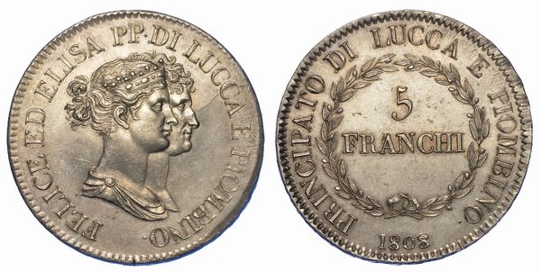 LUCCA. ELISA BONAPARTE E FELICE BACIOCCHI, 1805-1814. 5 Franchi 1808.  - Asta Numismatica - Associazione Nazionale - Case d'Asta italiane