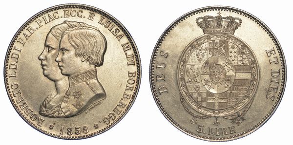 PARMA. ROBERTO DI BORBONE - REGGENZA DELLA MADRE LUISA MARIA, 1854-1859. 5 Lire 1858.  - Asta Numismatica - Associazione Nazionale - Case d'Asta italiane