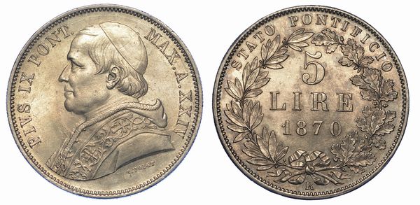 ROMA. PIO IX, 1846-1878. 5 Lire 1870/A. XXIV.  - Asta Numismatica - Associazione Nazionale - Case d'Asta italiane