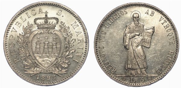 SAN MARINO. VECCHIA MONETAZIONE, 1864-1938. 5 Lire 1898.  - Asta Numismatica - Associazione Nazionale - Case d'Asta italiane