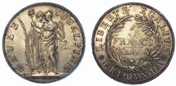 TORINO. REPUBBLICA SUBALPINA, 1800-1802. 5 Franchi A. 10.  - Asta Numismatica - Associazione Nazionale - Case d'Asta italiane