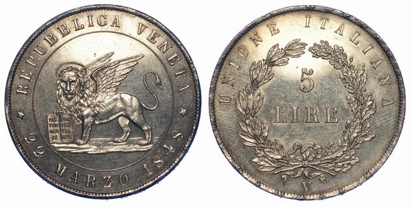 VENEZIA. GOVERNO PROVVISORIO DI VENEZIA, 1848-1849. 5 Lire 1848 (I tipo).  - Asta Numismatica - Associazione Nazionale - Case d'Asta italiane