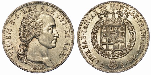 REGNO DI SARDEGNA. VITTORIO EMANUELE I DI SAVOIA, 1802-1821. 5 Lire 1820.  - Asta Numismatica - Associazione Nazionale - Case d'Asta italiane