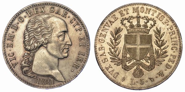 REGNO DI SARDEGNA. VITTORIO EMANUELE I DI SAVOIA, 1802-1821. 5 Lire 1821.  - Asta Numismatica - Associazione Nazionale - Case d'Asta italiane