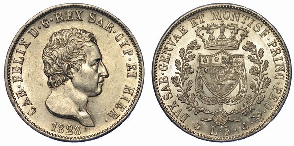 REGNO DI SARDEGNA. CARLO FELICE DI SAVOIA, 1821-1831 5 Lire 1828. Genova.  - Asta Numismatica - Associazione Nazionale - Case d'Asta italiane