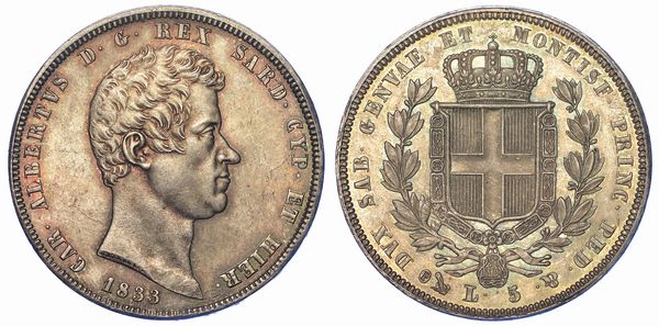 REGNO DI SARDEGNA. CARLO ALBERTO DI SAVOIA, 1831-1849. 5 Lire 1833. Genova.  - Asta Numismatica - Associazione Nazionale - Case d'Asta italiane
