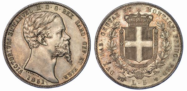 REGNO DI SARDEGNA. VITTORIO EMANUELE II DI SAVOIA, 1849-1861. 5 Lire 1851. Torino.  - Asta Numismatica - Associazione Nazionale - Case d'Asta italiane